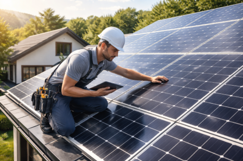Mężczyzna w kasku ochronnym i roboczym ubraniu klęczy na dachu, trzyma tablet i sprawdza panele fotowoltaiczne z przytroczonym pasem narzędziowym, a w tle widać dom i zalesione wzgórza w słoneczny dzień.