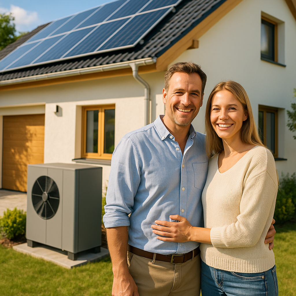 Mężczyzna w jasnoniebieskiej koszuli i kobieta w kremowym swetrze stoją obok siebie i uśmiechają się przed nowoczesnym domem z panelami słonecznymi na dachu, obok nich stoi zewnętrzna jednostka pompy ciepła, widoczne są też drzwi garażowe i okna z drewnianymi ramami.