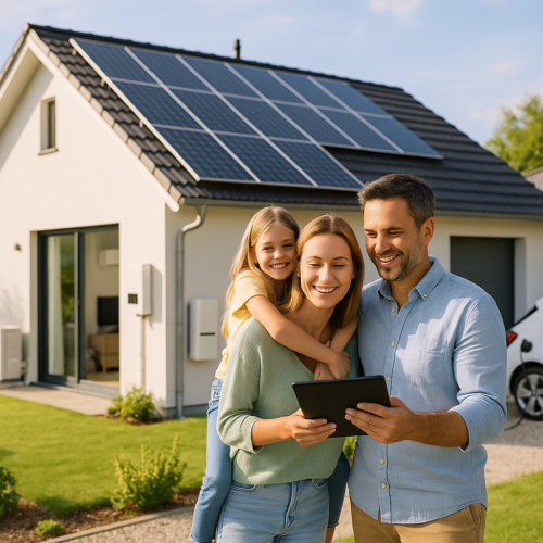 Mężczyzna, kobieta trzymająca tablet i dziewczynka na plecach kobiety stoją przed nowoczesnym białym domem z panelami fotowoltaicznymi na dachu; w kadrze widać też trawnik, podjazd i częściowo widoczny samochód.