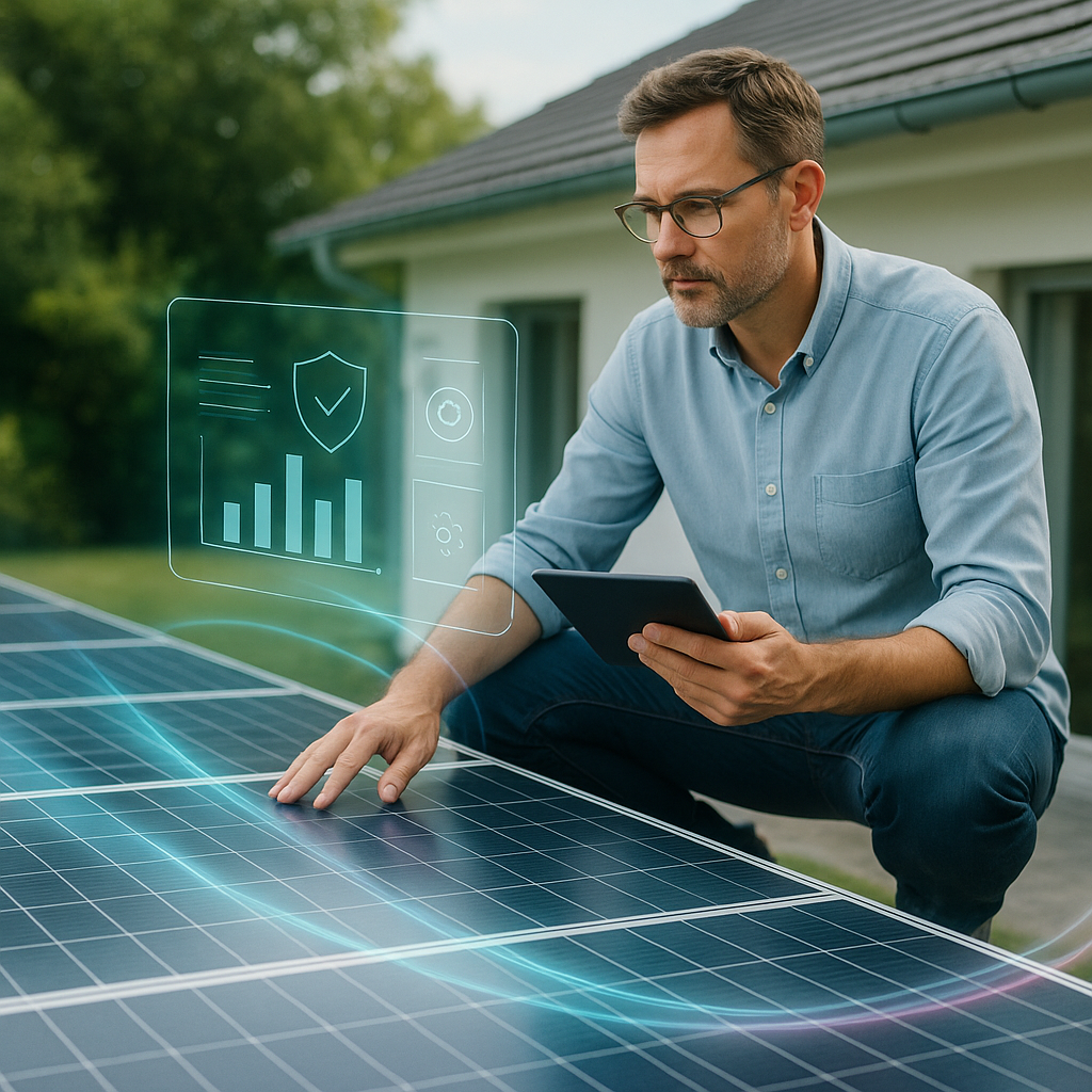 Mężczyzna w okularach i jasnoniebieskiej koszuli klęczy przy instalacji fotowoltaicznej 5 kW, korzystając z tabletu podczas interakcji z futurystycznym interfejsem cyfrowym wyświetlającym wykresy i ikony bezpieczeństwa, podkreślając zaawansowane monitorowanie paneli słonecznych.