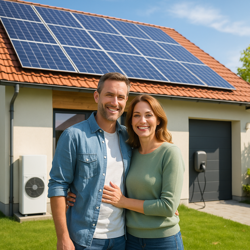 Uśmiechnięta para stoi na trawniku przed domem z czerwonym dachem pokrytym panelami fotowoltaicznymi; mężczyzna w niebieskiej koszuli jeansowej i kobieta w zielonym swetrze, obok widoczna zewnętrzna jednostka pompy ciepła oraz stacja ładowania przy bramie garażowej.