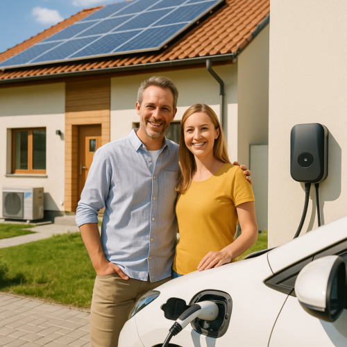 Mężczyzna i kobieta stoją obok białego samochodu elektrycznego podłączonego do ładowarki ściennej przed domem z panelami słonecznymi na dachu.
