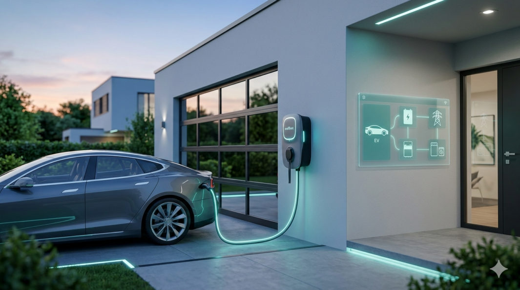 Elegancki samochód elektryczny jest zaparkowany na podjeździe nowoczesnego domu, podłączony do zamontowanej na ścianie stacji ładowania pojazdów elektrycznych. Świecące ikony na ścianie ilustrują integrację EV ze smart home energy systems. Otoczenie jest czyste i futurystyczne, z wieczornym światłem i zielenią.
