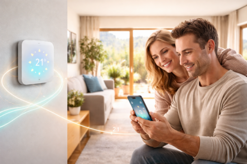 Uśmiechnięta para w jasnym salonie reguluje inteligentny termostat za pomocą smartfona, oba pokazują 21°C. Termostat świeci, a animowane linie łączą go z telefonem, prezentując inteligentne sterowanie ogrzewaniem i nowoczesną technologię domową.