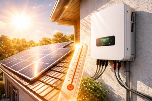 Panele fotowoltaiczne zamontowane na dachóweczkowym dachu domu, po prawej na elewacji biały inwerter z cyfrowym wyświetlaczem i kilkoma wychodzącymi przewodami, na pierwszym planie termometr pokazujący wysoką temperaturę oraz ostrze słońca i drzewa w tle.