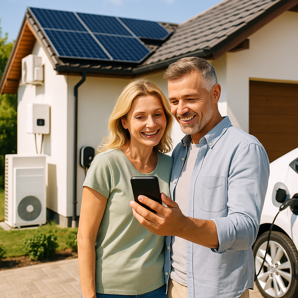 Uśmiechnięta para stoi przed domem z panelami fotowoltaicznymi na dachu i jednostką zewnętrzną przy ścianie, razem oglądają smartfon, a obok stoi podłączony do ładowania biały samochód elektryczny.