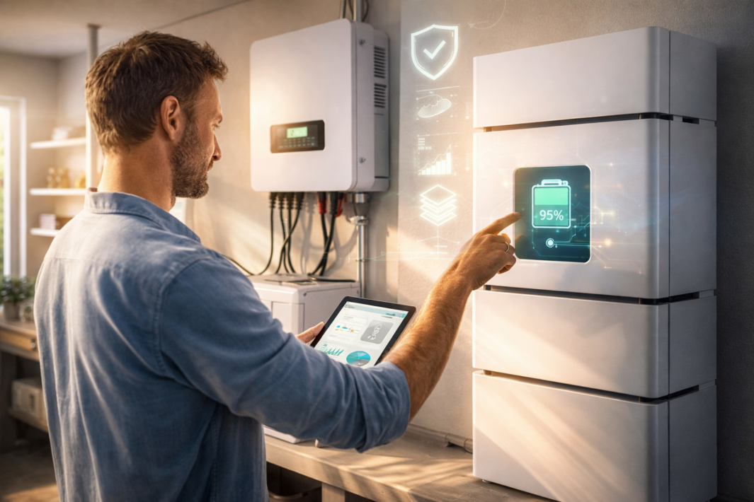 Mężczyzna obsługuje futurystyczny domowy system baterii UPS z ekranem dotykowym pokazującym 95% naładowania. Trzyma tablet z danymi energetycznymi. W nowoczesnym pokoju znajduje się więcej urządzeń elektronicznych i delikatne oświetlenie, sugerujące inteligentne zarządzanie energią w domu.
