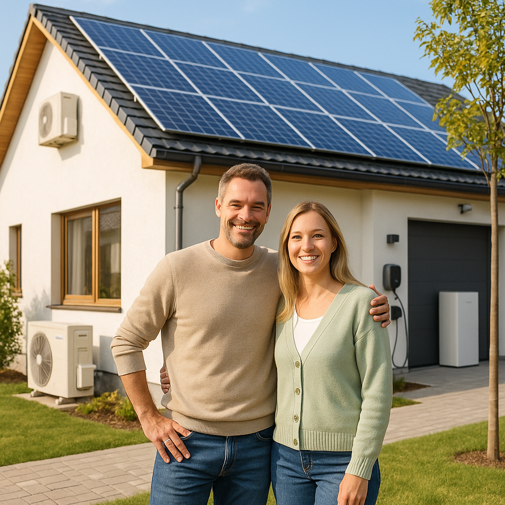 Uśmiechająca się para stoi na podjeździe przed białym domem z ciemnym dachem pokrytym panelami słonecznymi; mężczyzna w beżowym swetrze i dżinsach ma rękę na ramieniu kobiety w zielonym kardiganie i białej koszulce, obok domu widoczna zewnętrzna jednostka klimatyzacyjna, urządzenie z kablem przy garażu, trawnik i młode drzewo.