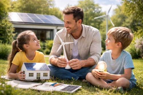 Mężczyzna siedzący na trawie między dwójką dzieci — dziewczynką po lewej trzymającą model domu z panelami słonecznymi i chłopcem po prawej trzymającym żarówkę — trzyma model turbiny wiatrowej; w tle widać dom z panelami na dachu, dużą turbinę wiatrową oraz drzewa, a na trawie leżą szkice, kredki i panel słoneczny.