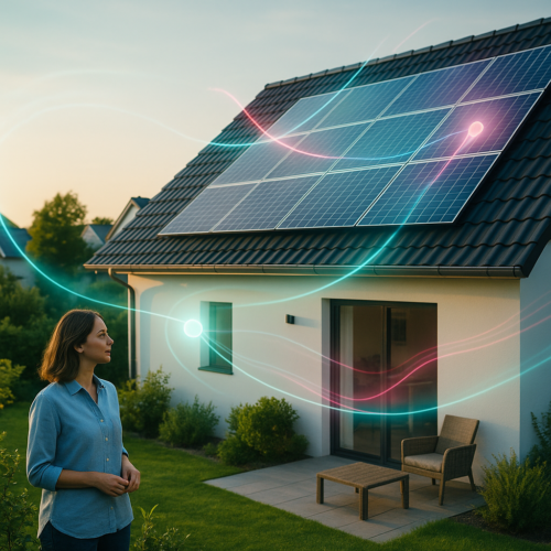 Kobieta stoi przed nowoczesnym domem z panelami słonecznymi na skośnym dachu, tarasem z fotelem i stolikiem oraz zadbanym ogrodem, a przez obraz przebiegają kolorowe świetliste smugi wizualnie łączące panele z elewacją.