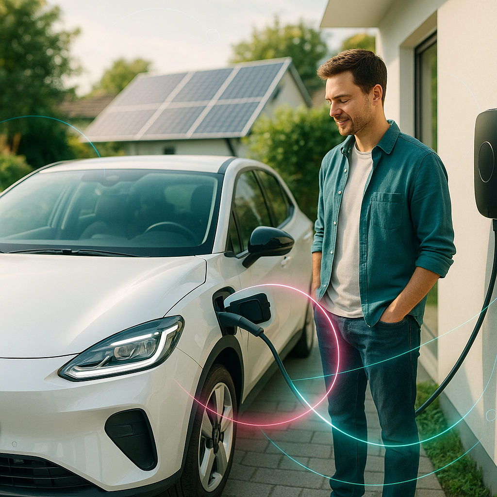 Mężczyzna stoi uśmiechnięty obok kompaktowego elektryka, który ładuje się na podjeździe. Panele słoneczne na dachu domu podkreślają energię odnawialną, a drzewa i krzewy dodają bujnej zieleni do słonecznej scenerii.