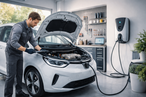 Mężczyzna w szarym kombinezonie i rękawicach sprawdza podniesioną maskę białego samochodu elektrycznego podłączonego kablem do stacji ładowania na ścianie warsztatu, w tle szafki, zawieszone narzędzia, laptop na blacie i donice z roślinami.