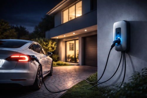 Biały sedan stoi na brukowanym podjeździe przy nowoczesnym domu nocą, kabel wpięty jest w gniazdo ładowania z tyłu po lewej stronie samochodu, a po prawej na zewnętrznej ścianie widoczna jest ścienna stacja ładowania z niebieskim podświetleniem i zwisającymi przewodami, w tle widać oświetlone okna, garaż i roślinność.