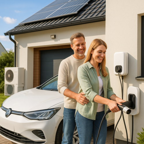 Mężczyzna i kobieta stoją przy białym elektrycznym samochodzie Volkswagen na podjeździe przed domem z panelami słonecznymi na dachu; kobieta podłącza kabel do ściennej stacji ładowania, mężczyzna stoi za nią z rękami przy jej talii, w tle widoczne drzwi garażu i zewnętrzna jednostka pompy ciepła.