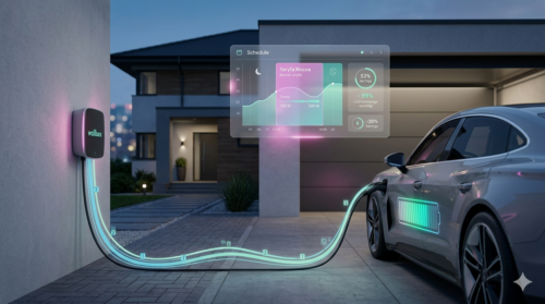 Widok nowoczesnego domu o zmierzchu z podjazdem i garażem; po lewej na ścianie zamontowana podświetlana ładowarka z napisem "wallbex", od niej biegnie świecący turkusowo-kolorowy kabel przez podjazd do zaparkowanego po prawej srebrnego samochodu elektrycznego z graficznym wskaźnikiem baterii na drzwiach, a nad pojazdem widoczny jest półprzezroczysty interfejs z wykresem i informacjami o harmonogramie ładowania.