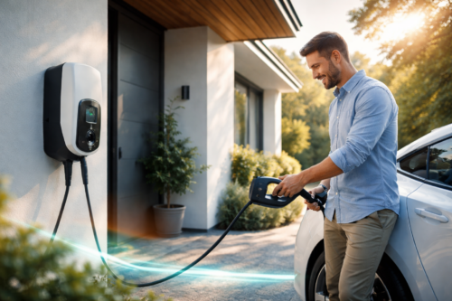 Mężczyzna w jasnoniebieskiej koszuli trzyma wtyczkę stacji ładowania i podłącza kabel do białego samochodu stojącego przed nowoczesnym domem; po lewej na ścianie widoczna czarno-biała stacja ładowania z wiszącymi kablami, a w tle drzwi, donica z rośliną i słoneczne drzewa.