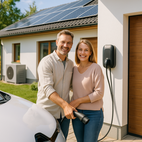 Uśmiechnięta para stoi przy białym samochodzie elektrycznym na podjeździe przed nowoczesnym domem z panelami fotowoltaicznymi na dachu, przy ściennej stacji ładowania mężczyzna trzyma wtyczkę ładowarki.