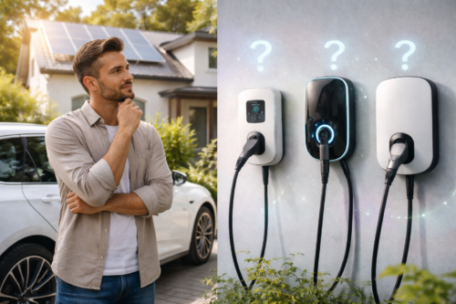 Mężczyzna stoi zamyślony przy białym samochodzie elektrycznym przed nowoczesnym domem z panelami słonecznymi. Obok niego na ścianie zamontowane są trzy różne ładowarki domowe EV, każda ze znakiem zapytania powyżej, symbolizującym wybór opcji ładowania.