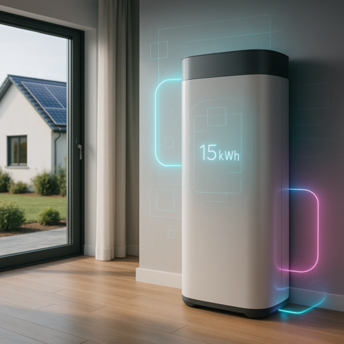 Nowoczesny magazyn energii 15 kWh jest zainstalowany wewnątrz budynku, a jego elegancki cyfrowy ekran świeci napisem "15 kWh". Delikatna neonowa grafika podkreśla jego funkcję, podczas gdy dom z panelami słonecznymi na dachu wskazuje na zintegrowane wykorzystanie energii słonecznej.