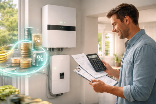 Uśmiechnięty mężczyzna stoi w pomieszczeniu, trzymając kalkulator i rachunki za energię przed zamontowanym na ścianie falownikiem słonecznym i magazynem energii VAT. Obok niego znajduje się ilustrowana grafika przedstawiająca ułożone monety, symbole procentowe i świecące linie - symbolizujące oszczędności.