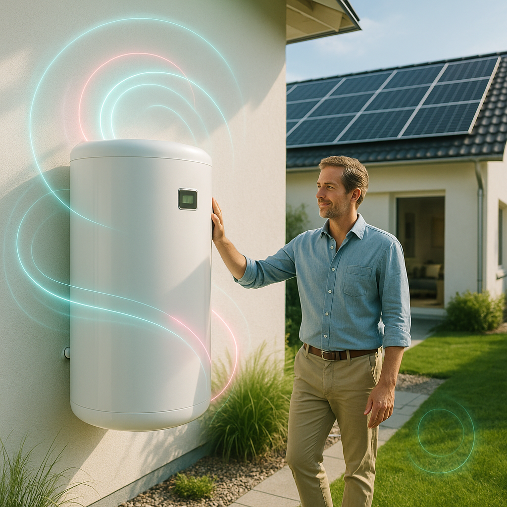 Mężczyzna stoi przed nowoczesnym domem z panelami słonecznymi, dotykając dużego białego magazynu energii cieplnej zamontowanego na ścianie. Miękkie, świecące linie otaczają baterię, ilustrując przepływ energii i zrównoważone magazynowanie energii. Otoczenie jest jasne i słoneczne.
