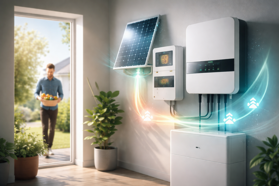 Nowoczesne wnętrze domu z magazynem energii w domu z urządzeniami solarnymi na ścianie, świecącymi smugami światła pokazującymi przepływ energii. W pobliżu znajdują się zielone rośliny, a osoba wchodzi przez otwarte drzwi z artykułami spożywczymi, gdy światło słoneczne wpada do środka.