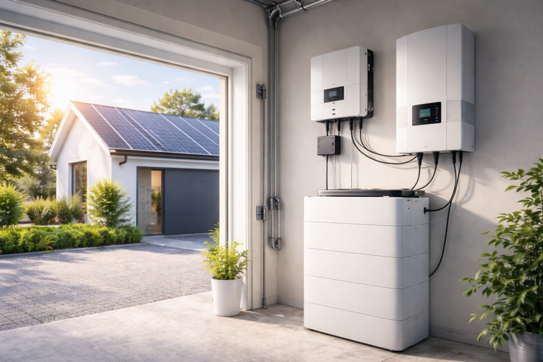 Wnętrze garażu z dwoma białymi urządzeniami elektrycznymi z wyświetlaczami zamontowanymi na ścianie i dużą białą jednostką magazynową na podłodze połączonymi kablami; przez otwarte drzwi widać dom z panelami słonecznymi na dachu, podjazd, krzewy i doniczki z roślinami.