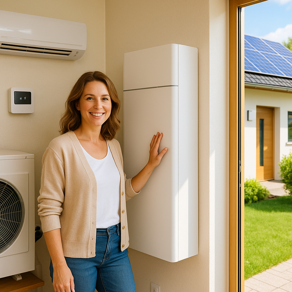 Kobieta w beżowym kardiganie i dżinsach stoi we wnętrzu domu uśmiechnięta, opierając dłoń o wysoką białą obudowę ściennego urządzenia; w tle widoczna jednostka klimatyzacji i termostat, a przez otwarte drzwi widać sąsiedni dom z panelami słonecznymi na dachu i zielony trawnik.