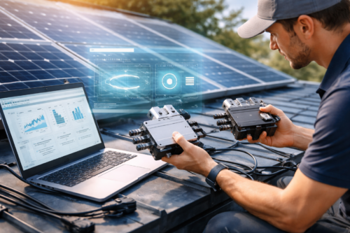 Mężczyzna w czapce siedzący na dachu przy panelach słonecznych trzyma w dłoniach dwa czarne moduły elektryczne, przed nim leży otwarty laptop z wykresami i połączone kable, a nad urządzeniami widoczny jest przezroczysty niebieski interfejs cyfrowy.