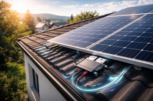 Widok paneli fotowoltaicznych zamontowanych na ciemnej dachówce z przymocowanym modułem przyłączeniowym i kilkoma kablami prowadzonymi pod ramą, wokół przewodów widoczne efektowne niebieskie świetliste smugi, a w tle drzewa, domy i pagórkowaty krajobraz przy niskim słońcu.