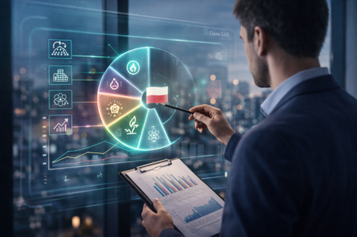 Mężczyzna w garniturze trzyma schowek z wykresami i wskazuje długopisem na świecący, futurystyczny wykres kołowy. Różne kolorowe ikony i wykresy danych są wyświetlane na przezroczystym ekranie, na tle nocnego krajobrazu miasta widzianego przez duże okna.