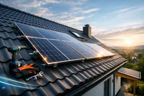 Ukośny widok na ciemny, falisty dach z zamontowanymi panelami fotowoltaicznymi i widocznymi uchwytami montażowymi; na dachu leżą wiertarka akumulatorowa, rękawice robocze i zestaw kluczy, w tle komin, świetlik, zachód słońca i rozciągająca się zabudowa wsi.