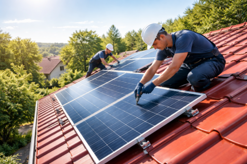 Na czerwonym dachu pokrytym dachówkami dwóch pracowników w białych kaskach i granatowych ubraniach montuje panele fotowoltaiczne; bliższy klęczy i dokręca śrubę narzędziem, drugi w tle porusza panel, a za domem rozciąga się zadrzewiony krajobraz pod jasnym, słonecznym niebem.
