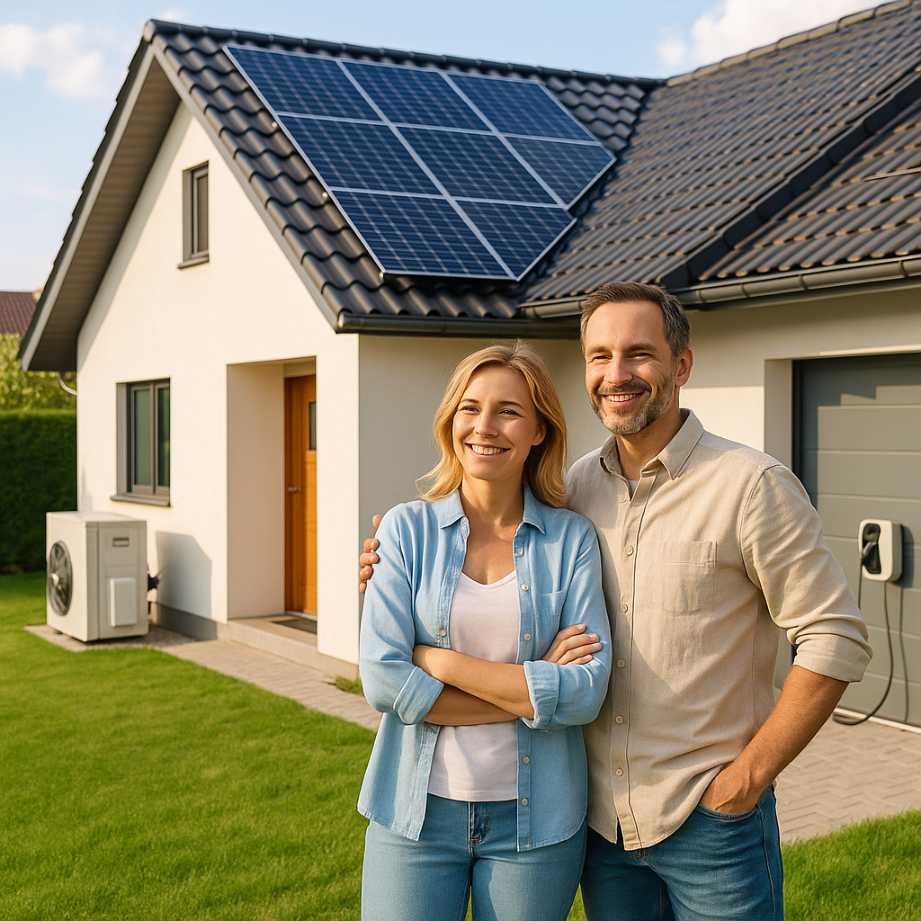 Uśmiechnięta para stoi na zadbanym zielonym trawniku przed nowoczesnym domem jednorodzinnym z ciemnym dachem i panelami fotowoltaicznymi, obok widoczna jednostka zewnętrzna klimatyzacji, drewniane drzwi wejściowe oraz garaż z zamontowaną stacją ładowania samochodu.