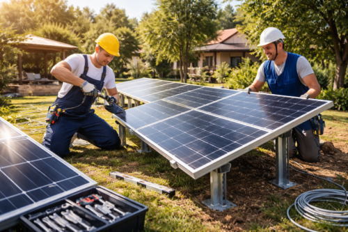 Dwóch pracowników w kaskach (żółtym i białym) i roboczych ubraniach klęczy przy naziemnych panelach słonecznych, montując i podłączając moduły na trawniku, z otwartą skrzynką narzędziową i zwojem kabla na pierwszym planie oraz domem i drzewami w tle.