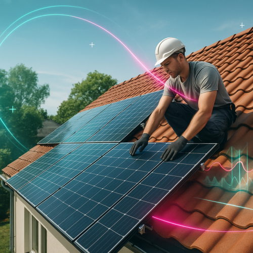 Robotnik w białym kasku i rękawicach wykonuje montaż paneli na dachówce ceramicznej na dachu pokrytym czerwoną dachówką pod gołym niebem. Zielone drzewa stoją w tle, a stylizowane linie energetyczne wskazują na wytwarzanie energii odnawialnej.