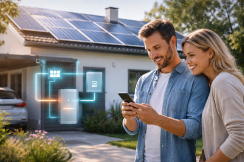 Para — mężczyzna i kobieta — stoi przed domem z panelami fotowoltaicznymi na dachu; mężczyzna trzyma smartfon, oboje patrzą na ekran, a przed nimi unosi się błękitna holograficzna grafika z ikonami panelu słonecznego, akumulatora i schematu połączeń, w tle widać garaż z zaparkowanym samochodem oraz ogródek z kwitnącymi roślinami.