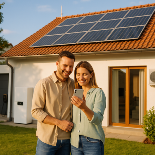 Para (mężczyzna w beżowej koszuli i dżinsach oraz kobieta w jasnozielonej bluzce i dżinsach) stoi na trawniku przed domem z czerwonym dachem i panelami słonecznymi, uśmiechając się i oglądając smartfon; w tle widoczna biała skrzynka przy ścianie, jednostka klimatyzatora i drewniane drzwi tarasowe.