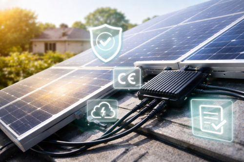 Panele fotowoltaiczne zamontowane na dachu z widocznymi przewodami i czarną skrzynką przyłączeniową na pierwszym planie, w rozmytym, słonecznym tle domu i drzew oraz z nałożonymi ikonami: tarcza z haczykiem, znak CE, chmura z piorunem i lista z zaznaczeniem.