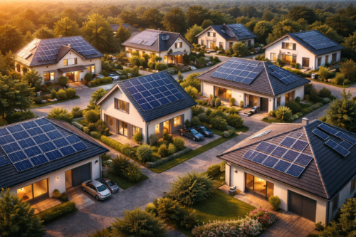 Na przedmieściach stoją nowoczesne domy z ciemnymi dachami pokrytymi panelami słonecznymi. Samochody zaparkowane są na podjazdach, a bujne zielone podwórka porośnięte są krzewami i drzewami. Światło słoneczne oświetla tę spokojną, ekologiczną społeczność.