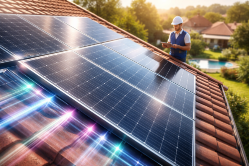 Panele fotowoltaiczne zamontowane na dachu z czerwonych dachówek, na którym stoi osoba w białym kasku i niebieskiej kamizelce trzymająca tablet, w tle widoczne domy, ogród i basen oraz odbicia i kolorowe promienie świetlne na dachówkach.