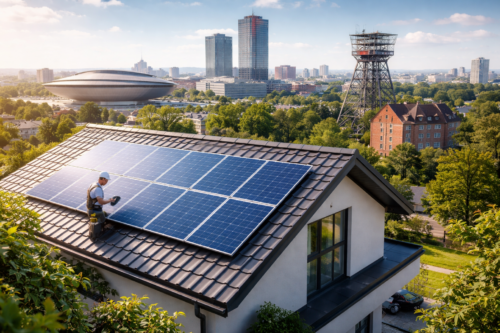 Osoba w białym kasku i roboczej uprzęży pochylona przy dużych panelach fotowoltaicznych zamocowanych na dachówce nowoczesnego domu, a w tle rozległa panorama miasta z drzewami, niską zabudową, okrągłym budynkiem w kształcie spodeczka, dwoma wieżowcami, metalową wieżą kratownicową i czerwonym budynkiem z cegły pod słonecznym niebem.