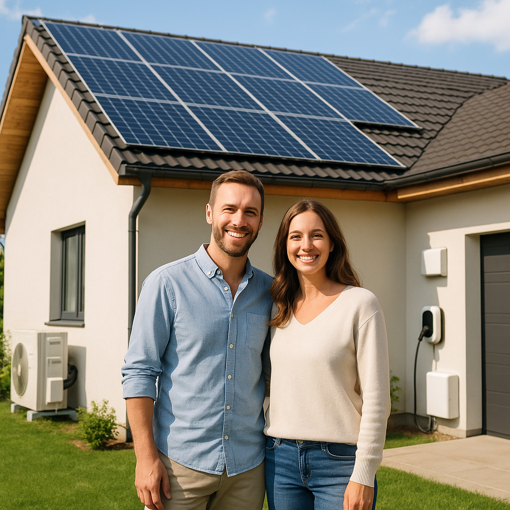 Mężczyzna w jasnoniebieskiej koszuli i kobieta w kremowym swetrze stoją uśmiechnięci na trawniku przed nowoczesnym domem, na dachu którego zamontowane są panele słoneczne, a na ścianie widać zewnętrzną jednostkę klimatyzacji oraz stację ładowania samochodu elektrycznego.
