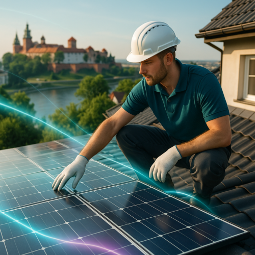 Mężczyzna w białym kasku i białych rękawicach kuca na dachówce i dotyka paneli fotowoltaicznych, w tle widać rzekę, zabudowania przypominające zamek i drzewa, a po powierzchni paneli przebiegają niebiesko‑fioletowe świetlne smugi.