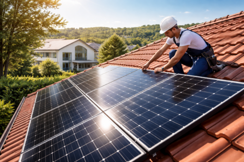 Osoba w białym kasku i granatowym kombinezonie klęczy na czerwonym, dachówkowym dachu obok szeregu paneli fotowoltaicznych z widocznym odbiciem słońca, w tle biała willa, drzewa i zalesnione wzgórza.