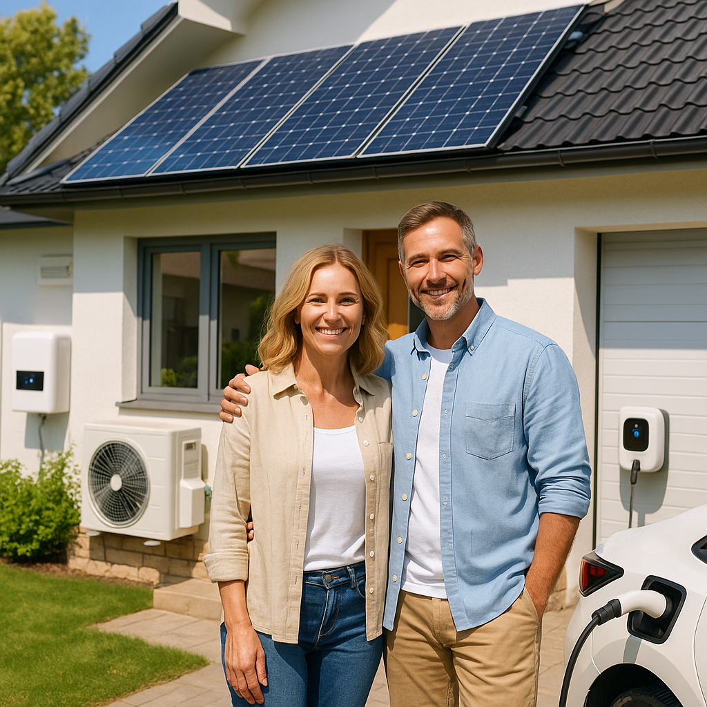 Mężczyzna i kobieta uśmiechnięci stoją obok siebie przed domem z panelami słonecznymi na dachu, obok widoczna jednostka klimatyzacji na ścianie oraz stacja ładowania, do której podłączony jest biały samochód.