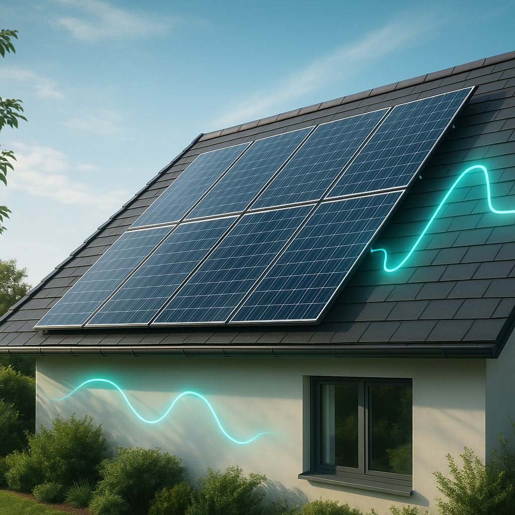 Dom z dużymi panelami monokrystalicznymi zainstalowanymi na spadzistym dachu, generującymi energię elektryczną. Grafika świecącej niebieskiej fali z boku symbolizuje przepływ energii słonecznej. Dom otoczony jest zielonymi krzewami pod czystym niebem.