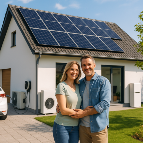 Uśmiechająca się para stoi na podjeździe przed białym nowoczesnym domem z panelami fotowoltaicznymi na dachu, widocznym gniazdem ładowania samochodu po lewej, zewnętrznymi jednostkami klimatyzacji przy ścianie, zielonym trawnikiem i niebieskim niebem w tle.