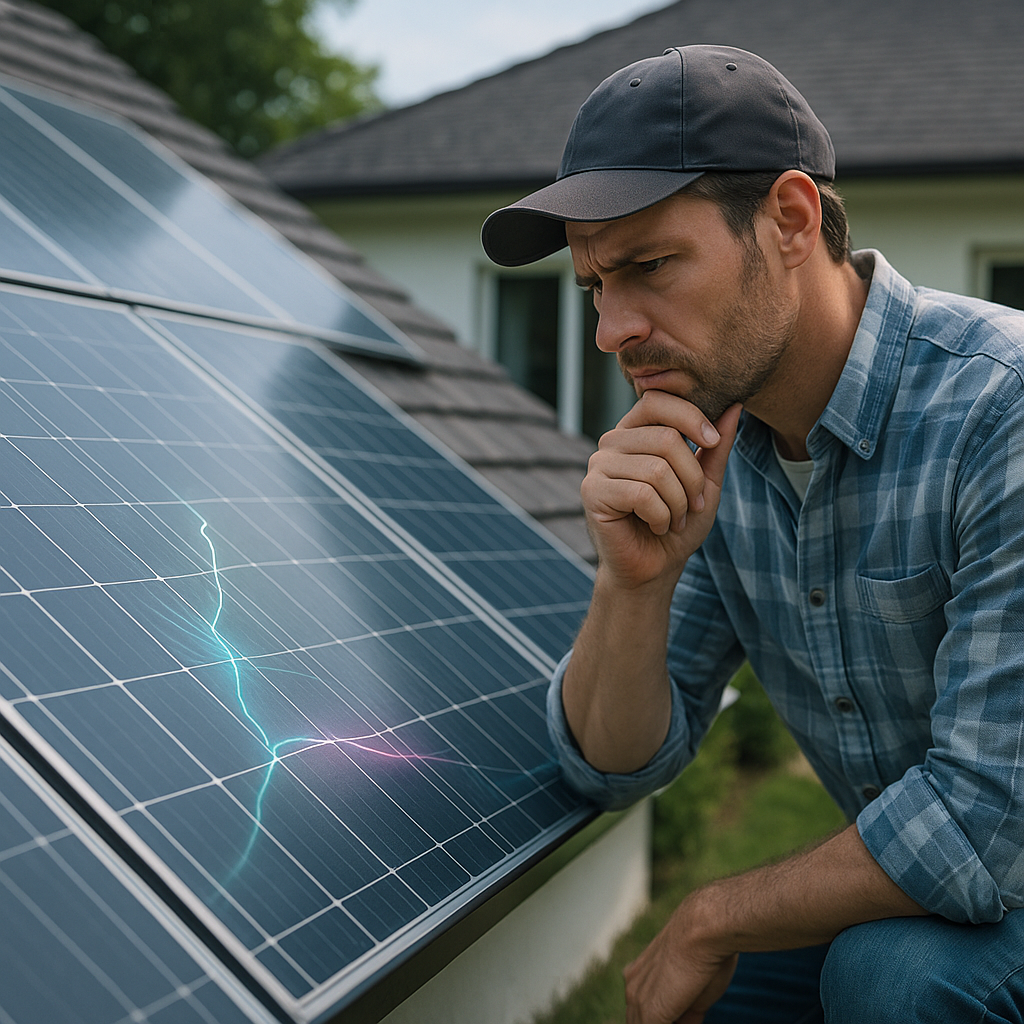 Mężczyzna w czapce i koszuli w kratę przykuca obok panelu polikrystalicznego na dachu, sprawdzając widoczne pęknięcie ze świecącymi liniami na panelu, wyglądając na zaniepokojonego i zamyślonego. W tle widać dom i zieloną trawę.
