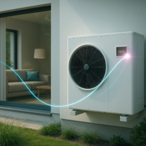 Nowoczesna pompa ciepła, wyposażona w duży okrągły wentylator i cyfrowy wyświetlacz, jest zamontowana na zewnątrz w pobliżu okna. Wewnątrz przytulnego salonu świeci lampa, a niebieska linia energetyczna - prowadzona przez krzywa grzewcza pompa ciepła - łączy wnętrze z zewnętrzem.